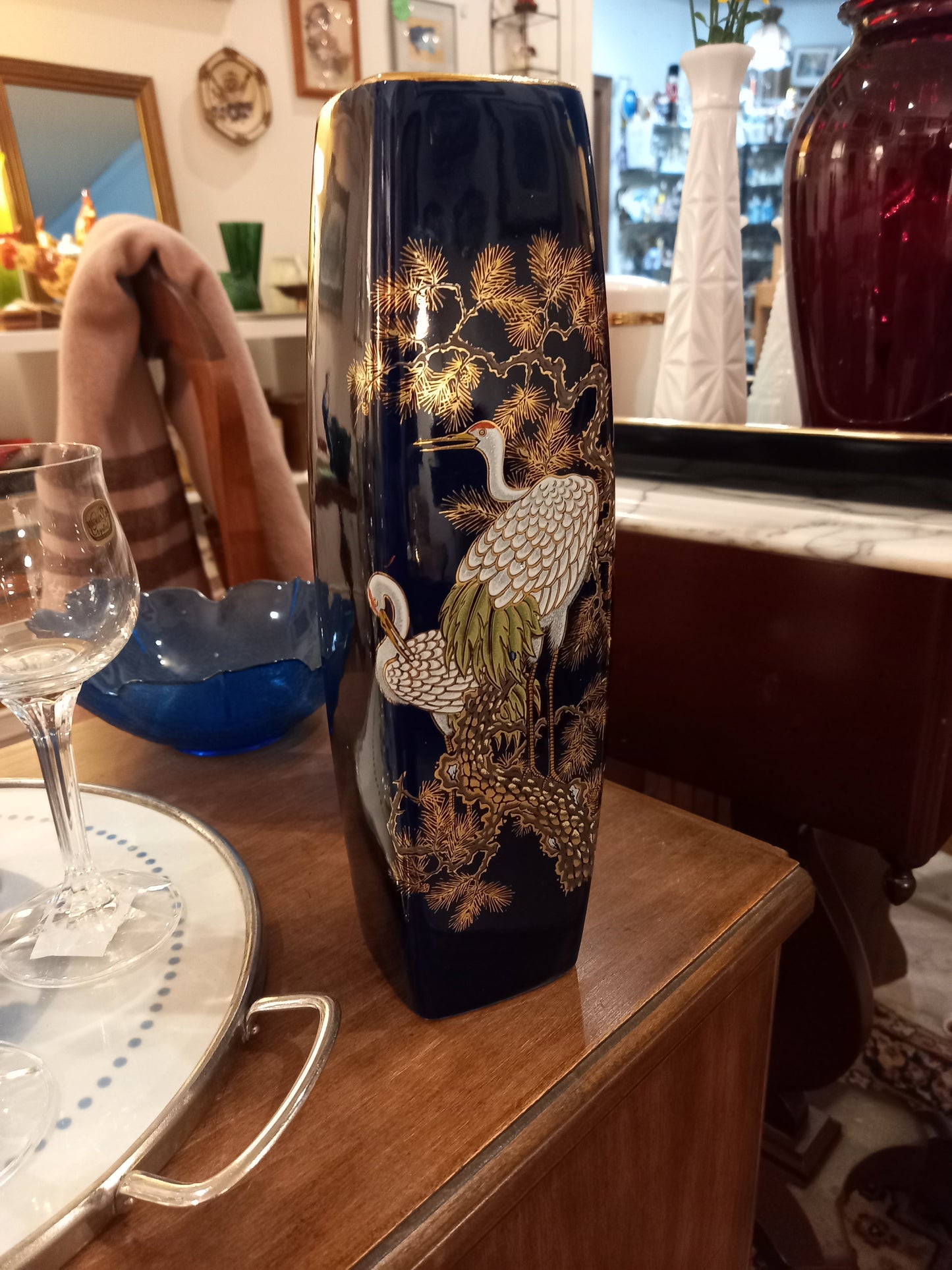 Japanese Vase, Cobalt Blue with White Cranes, Vintage