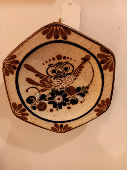 Vintage Mexican Tonala Pottery Deco Plate with Owl Design