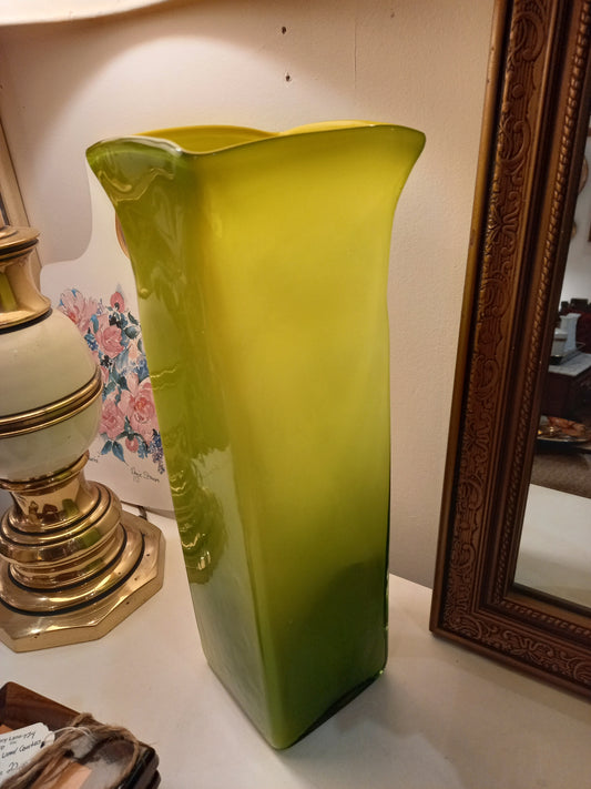 Hand Blown, Square Green Glass Vase, Vintage