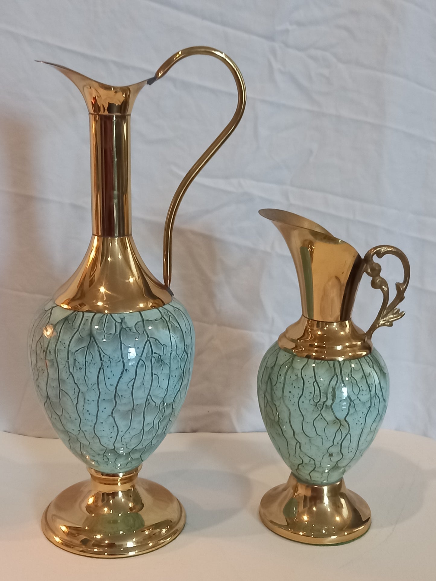 Vintage Delftware , Set of 2 Hand Painted, Solid Brass and Copper Pitchers