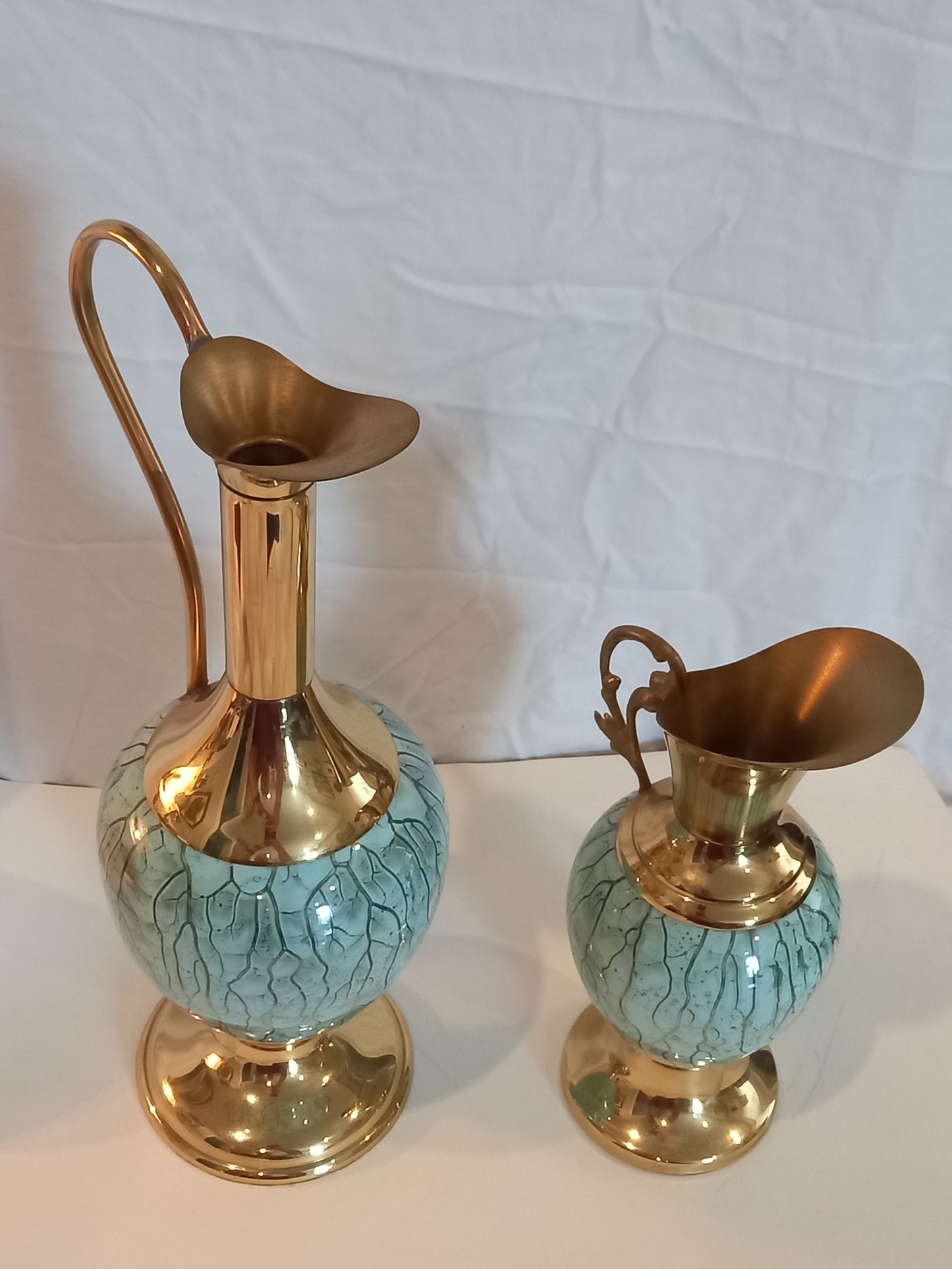 Vintage Delftware , Set of 2 Hand Painted, Solid Brass and Copper Pitchers