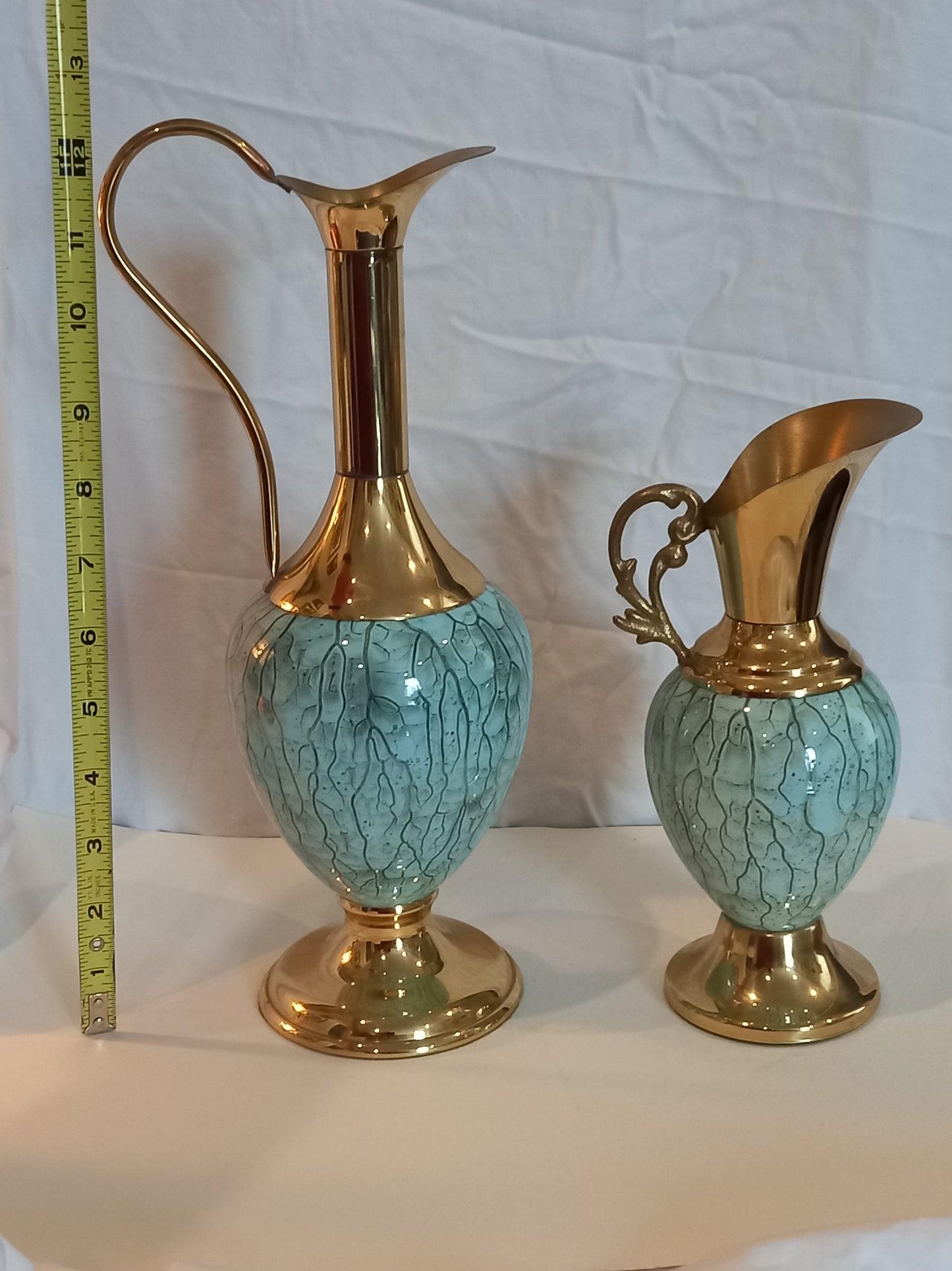 Vintage Delftware , Set of 2 Hand Painted, Solid Brass and Copper Pitchers